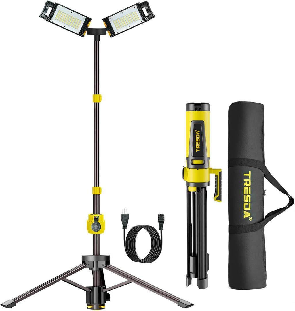 Tresda Dual-Head LED Work Light with Stand, 2025 Pro+ 12000LM Corded or Battery Rechargeable Telescopic Tripod Worklights, Portable Construction Flood Light for Job Site Workshop Garage