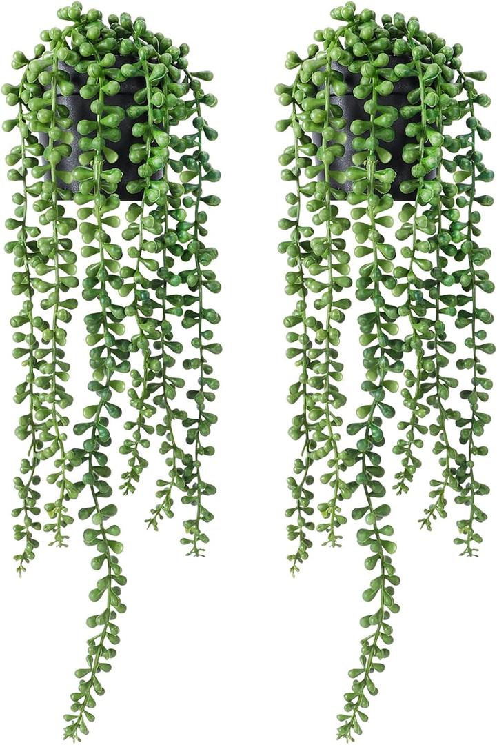 FUNARTY 2pcs Fake Plants Indoor Artificial String of Pearls Plant in Black Pots, Realistic Green Fake Hanging Plants for Shelf Decor Desk Home Garden Decorations
