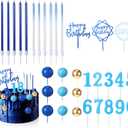 Yerliker 34 Pcs Happy Birthday Cake Toppers Decorations Birthday Candles DIY Cake Decor for Men Women Wedding Anniversary(Navy Blue)