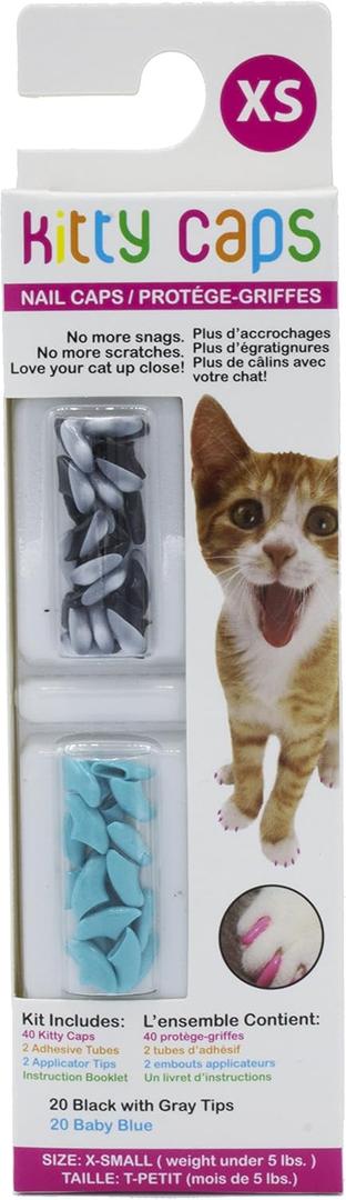 Kitty Caps Nail Caps for Cats | Black with Gray Tips & Baby Blue, X-Small, 40 Count - 3 Pack | Safe, Stylish & Humane Alternative to Declawing | Stops Snags and Scratches