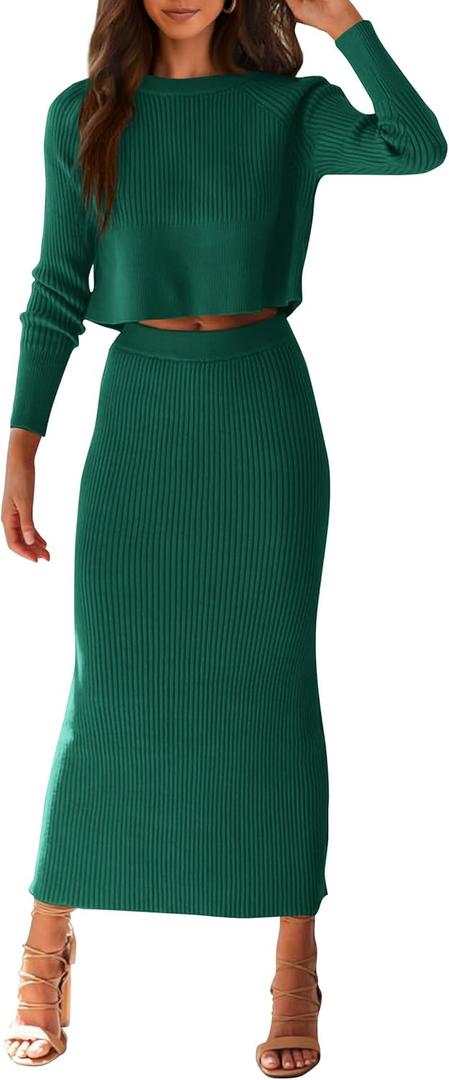PRETTYGARDEN Women's Spring Fall 2 Piece Sweater Set Rib Knit Long Sleeve Crop Top Maxi Bodycon Skirt Casual Winter Outfits (Large, Dark Green)