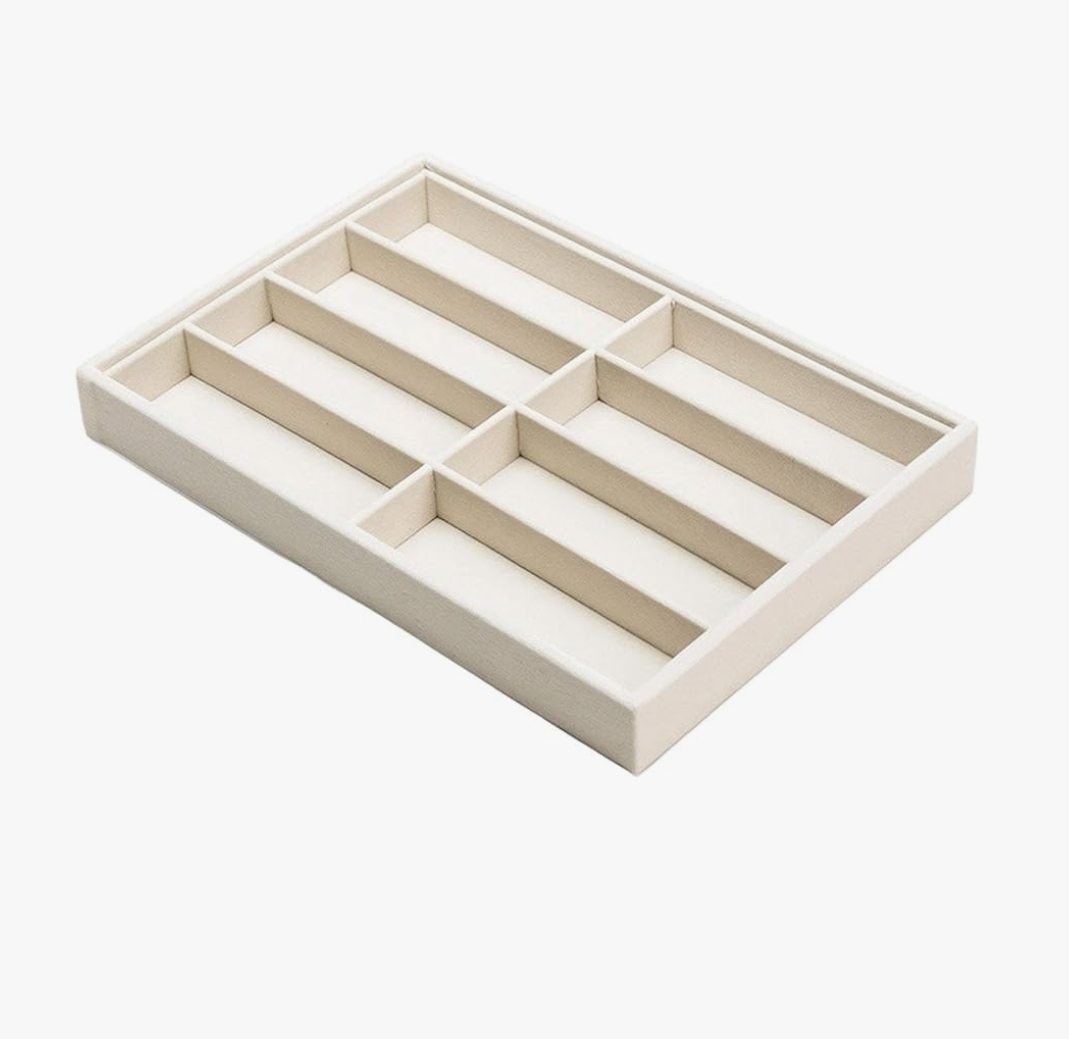 Yoiemivy 1 Pack Glasses Organizer Trays - 8 Grids Velvet Sunglass Trays Stackable Eyeglasses Organizer Storage Removable Internal Dividers Eyewear Watch Jewelry Organizer for Drawers , Beige