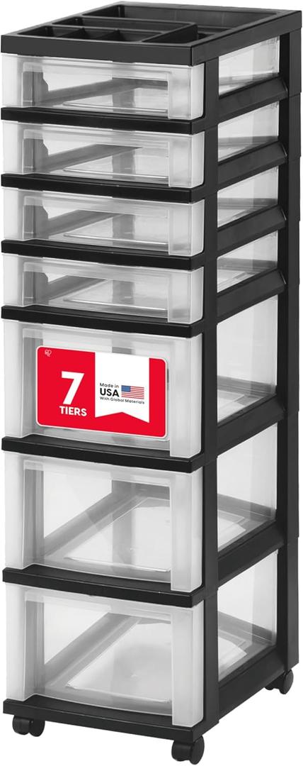 IRIS USA Plastic Drawer Storage Organizer Rolling Cart, with Wheels Casters, 7-Drawers, for Classroom Art Craft Supplies Dresser Closet Bathroom Laundry Room, Black/Clear, 14.25"D x 12.05"W x 41.69"H