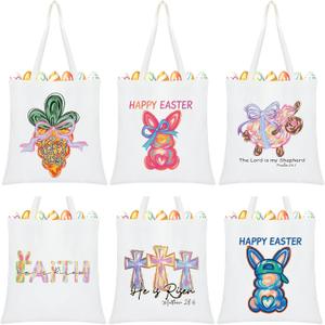6 Pcs Easter Tote Bags with Handles 13.78 x 13.39 Inch Canvas Brushstroke Bunny Large Easter Gift Bags for Adults Spring Party Supplies