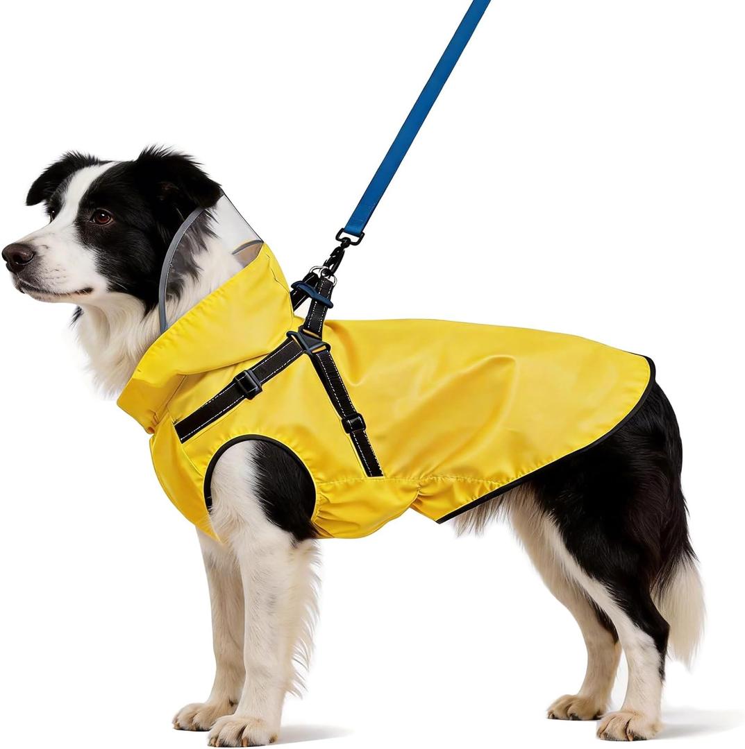 Dog Raincoat: Dog Rain Jacket with Reflective Harness & Removable Hood | Waterproof Dogs Rain Coat Poncho for Large Dogs Puppies (Yellow - L)