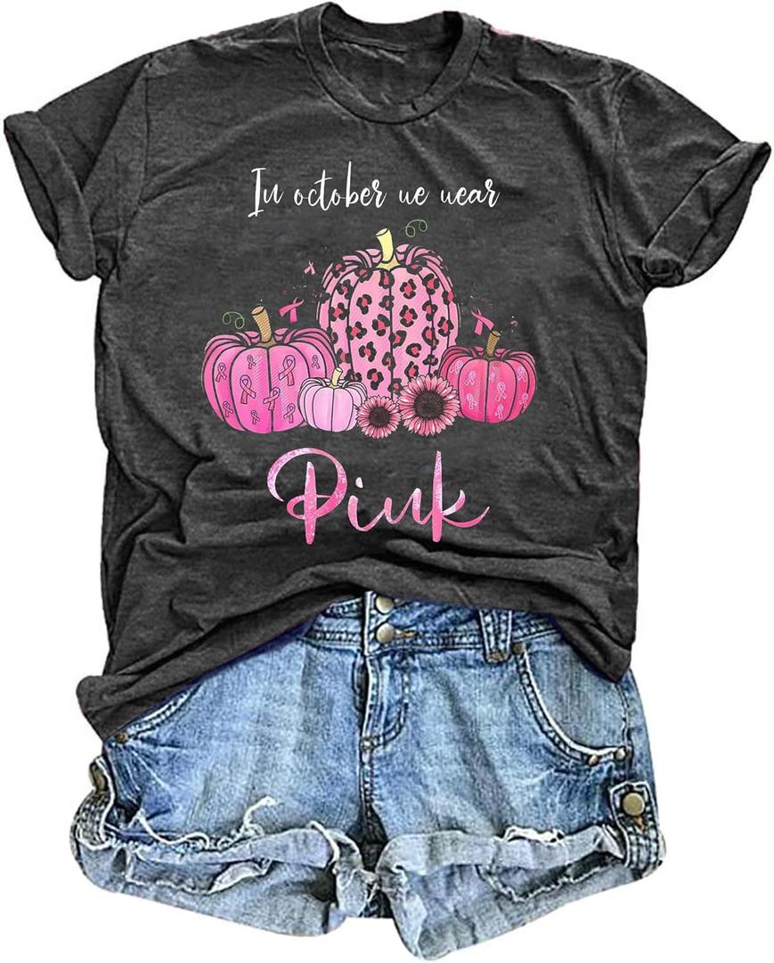 Breast Cancer Shirts for Women Breast Cancer Awareness Shirt in October We Wear Pink Pumpkin Graphic Tee Pink Ribbon Tee Top (Medium, Grey)