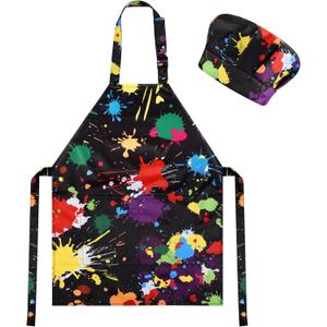 CHRORINE Kids Chef Apron and Chef Hat Set Girls Boys for Cooking Baking Art Painting Activity