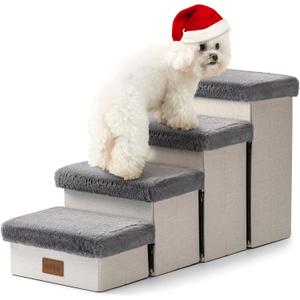 Dog Stair for Small Dogs with Storage, Foldable Pet Step with Soft Cover, Older Cat Ramp for Chair Couch Sofa, Lightweight, Durable, Comfort, 33x13x17.7 inch, 4 Tiers Grey