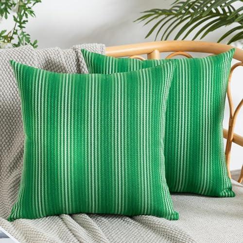 UGASA Outdoor Waterproof Throw Pillow Covers Pack of 2 Boho Weave Stripe Texture Decorative Cushion Covers Patio Pillows for Porch Outside Tent Yard Garden Bench 20x20 Inch, Green
