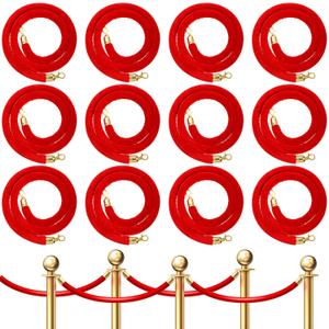 12 Pcs Velvet Stanchion Rope Bulk 5.25 ft Crowd Control Barriers Safety Velvet Rope with Gold Hooks for Graduation Party, Movie Theaters Openings Hotels Carpet, Not Include Stanchion Post(Red)