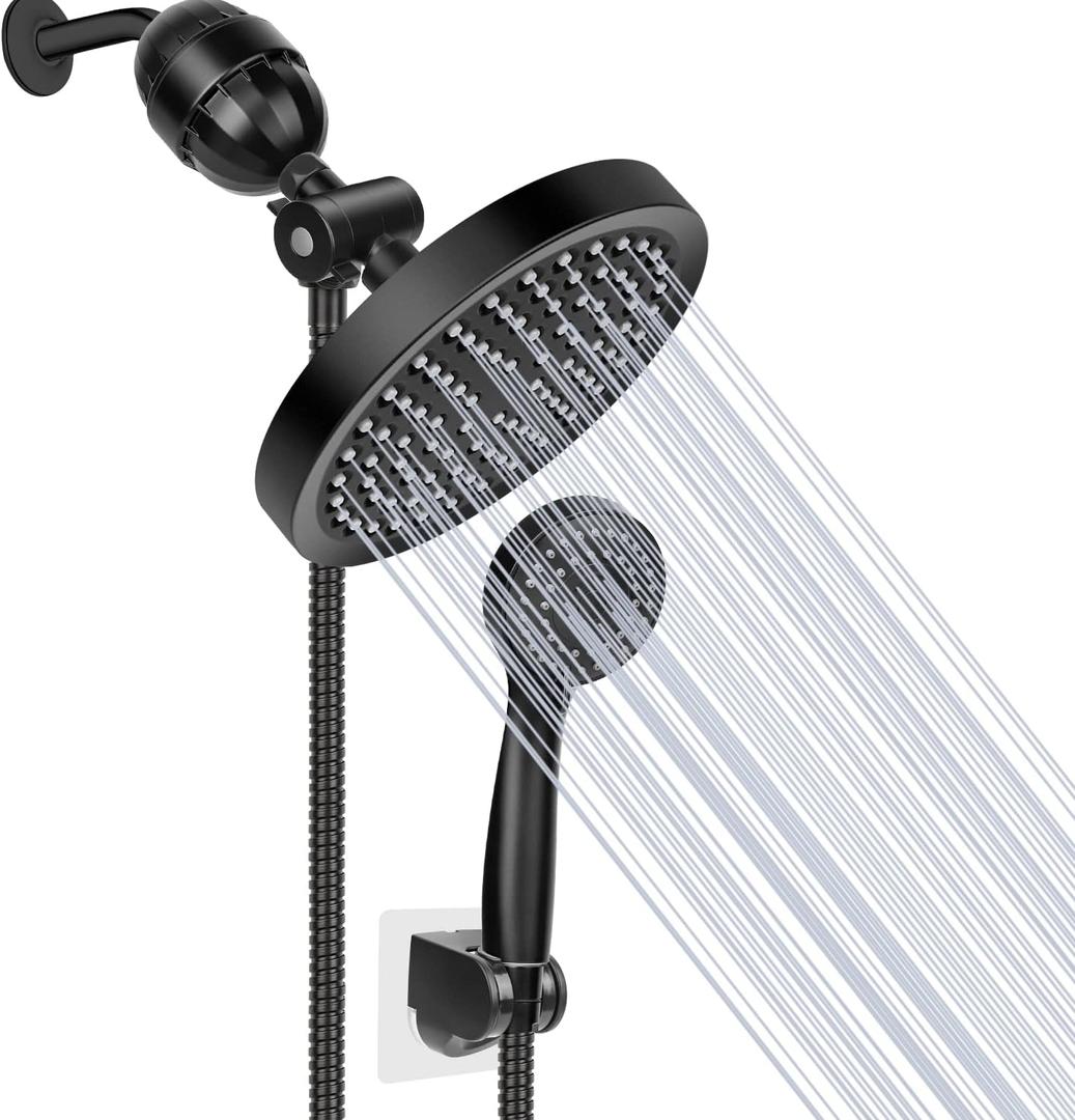 Taiker Filtered Shower Head, High Pressure Rainfall Shower Head/Handheld Shower Filter Combo, Luxury Modern Chrome Plated with 60'' Hose Anti-leak with Holder (Black)