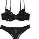 Lilosy Sexy Floral Embroidered Flower Mesh Underwire Push Up Lingerie Set (Black, L)