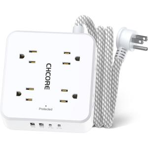 5Ft Flat Plug Braided Extension Cord - CHCORE Surge Protector Power Strip with 8 Outlets and 2 USB-C (PD 30W) Fast Charging Ports and 2 USB-A Ports for Home, Office, Dorm Room Essentials, ETL, White