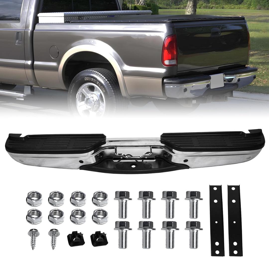 F250 F350 Rear Bumper Rear Step Bumper for Ford F250 F350 Super Duty 1999 2000 2001 2002 2003 2004 2005 2006 2007 with Sensor Hole Chrome Complete Back Bumpers Replacement for FO1103173