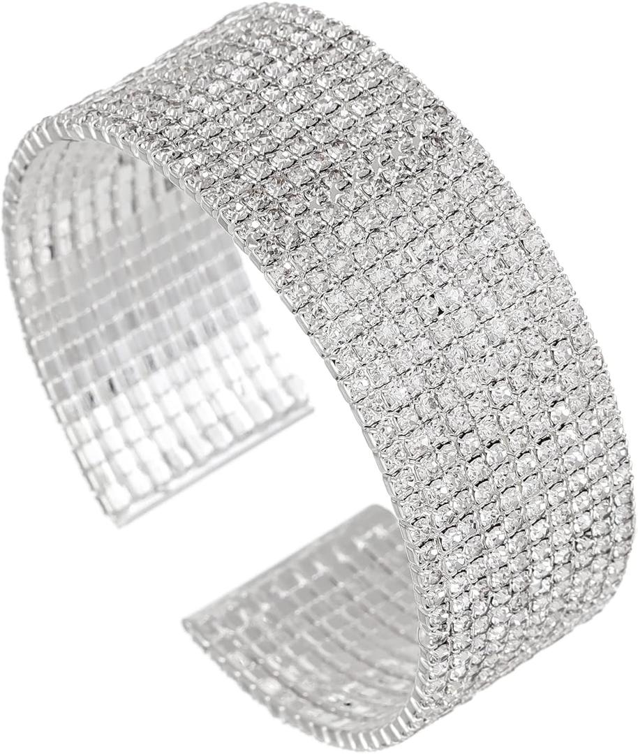 Sparkly Classic Multi-layer Big Wide Crystal Rhinestone Cuff Bracelet for Women Bridal Wedding Formal Prom Jewelry