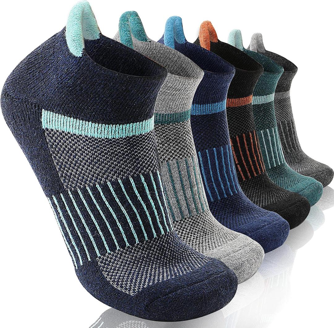 6 Pairs Merino Wool Ankle Running Hiking Socks Compression Support Breathable Thick Cushion No Show Socks for Women Men (Large, Color Mix)