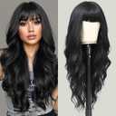 Black Wig with Bangs 26 Inch Long Curly Wavy Wigs for Women Begineer-Friendly Synthetic Wig for Daily Party Holiday Use