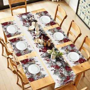 Red Christmas Table Runner and Placemats Set of 6-Piece Cotton Linen Dining Set Decor for Daily Use (13"x72", 12"x18") Christmas Decorations Snowball