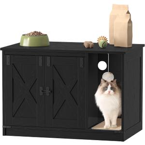 Hzuaneri Cat Litter Box Enclosure, Hidden Litter Box Cabinet Furniture with Bell, Indoor Cat House, Farmhouse Style, 31.5 x 19.7 x 20.9Inches, for Hallway, Bedroom, Black CB82404X