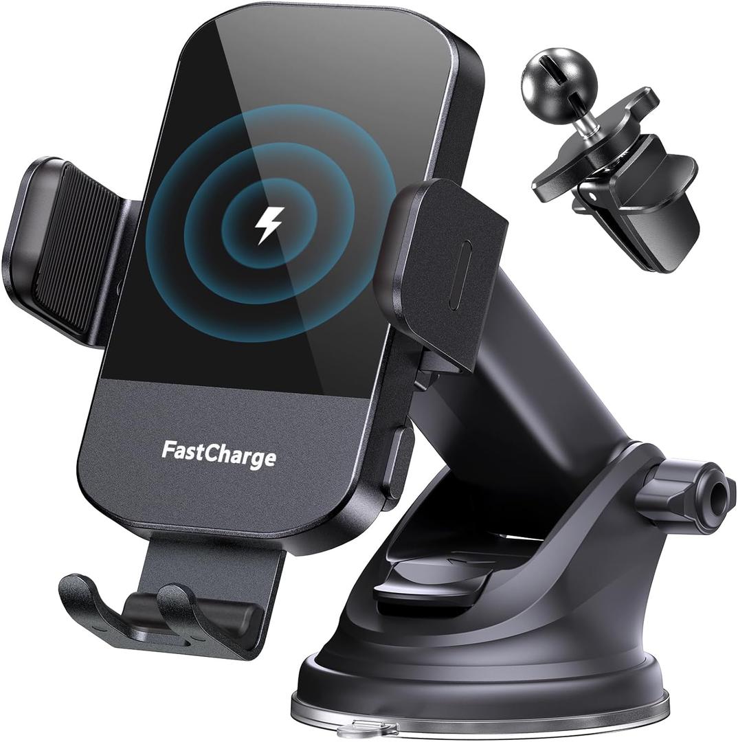 CHGeek Wireless Car Charger, 15W Fast Charging Auto Clamping Car Charger Phone Mount Phone Holder fit for iPhone 16 15 14 13 12 Pro Max 11 XR XS, Samsung Galaxy S24 Ultra S23 S22 S21, S20, S10+, Black (Black)