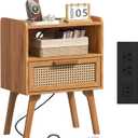 Lerliuo Rattan Nightstand with Charging Station, Side Table with Drawer, Cane Accent Bedside End Table with Solid Wood Legs, Night Stand for Bedroom, Dorm and Small Spaces (Tea Brown) (1 pack)