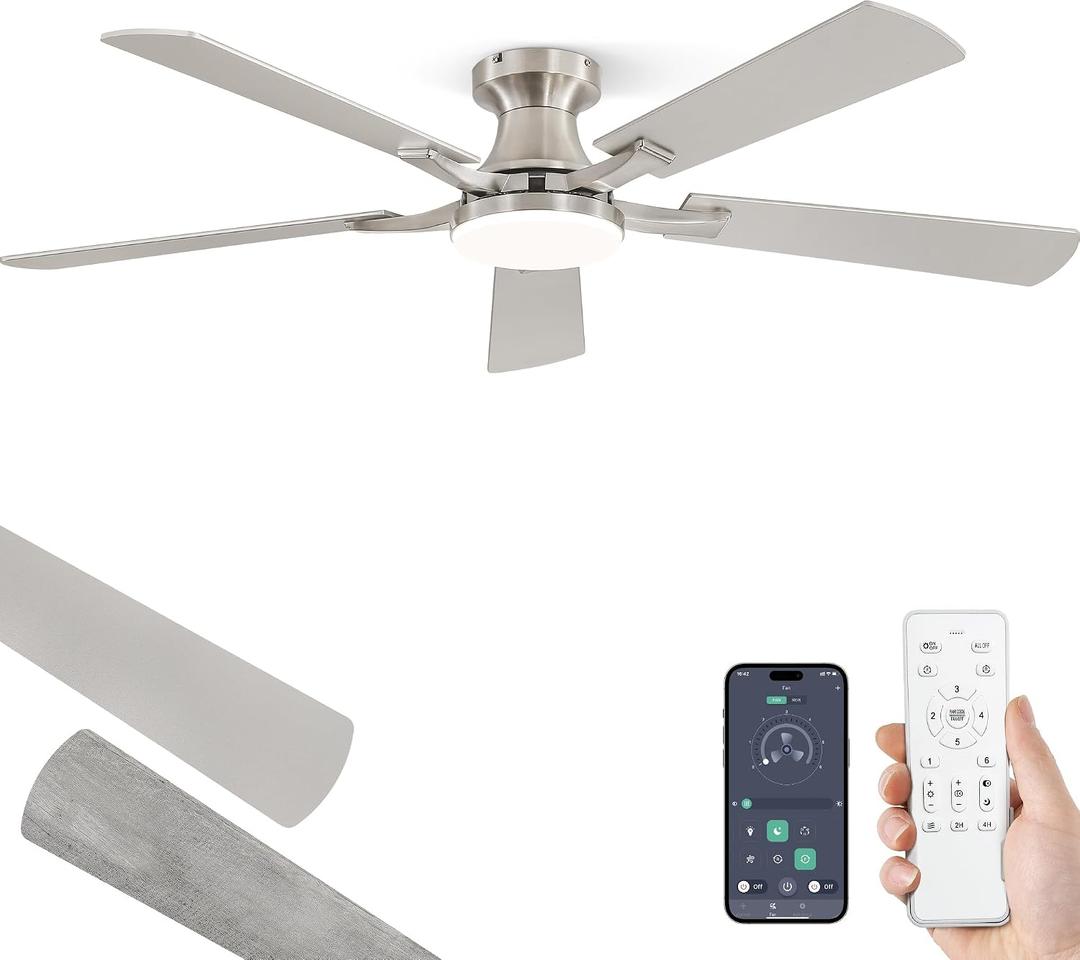 ZMISHIBO 52 Inch Ceiling Fan with Light, App&Remote Control, Flush Mount Low Profile, Dimmable 20W LED Light, Quiet Reversible Motor for Bedroom, Living Room, Apartment, Nickel
