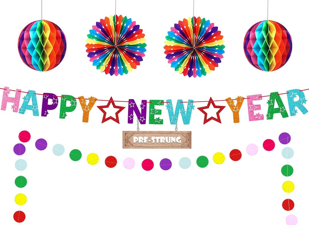 New Years Decorations 2026, Rainbow Glitter Happy New Year Banner Backdrop New Years Eve Party Supplies 2026 with Honeycomb Balls Paper Fans Paper Happy New Year Sign Party Supplies Favors