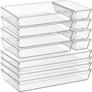 Criusia 12 Pack Large Clear Plastic Drawer Organizer Trays | MULTI-USE Acrylic Drawer Storage for Kitchen, Bathroom, Makeup, Office, School, Undies | College Dorm Room, Home Apartment Essentials