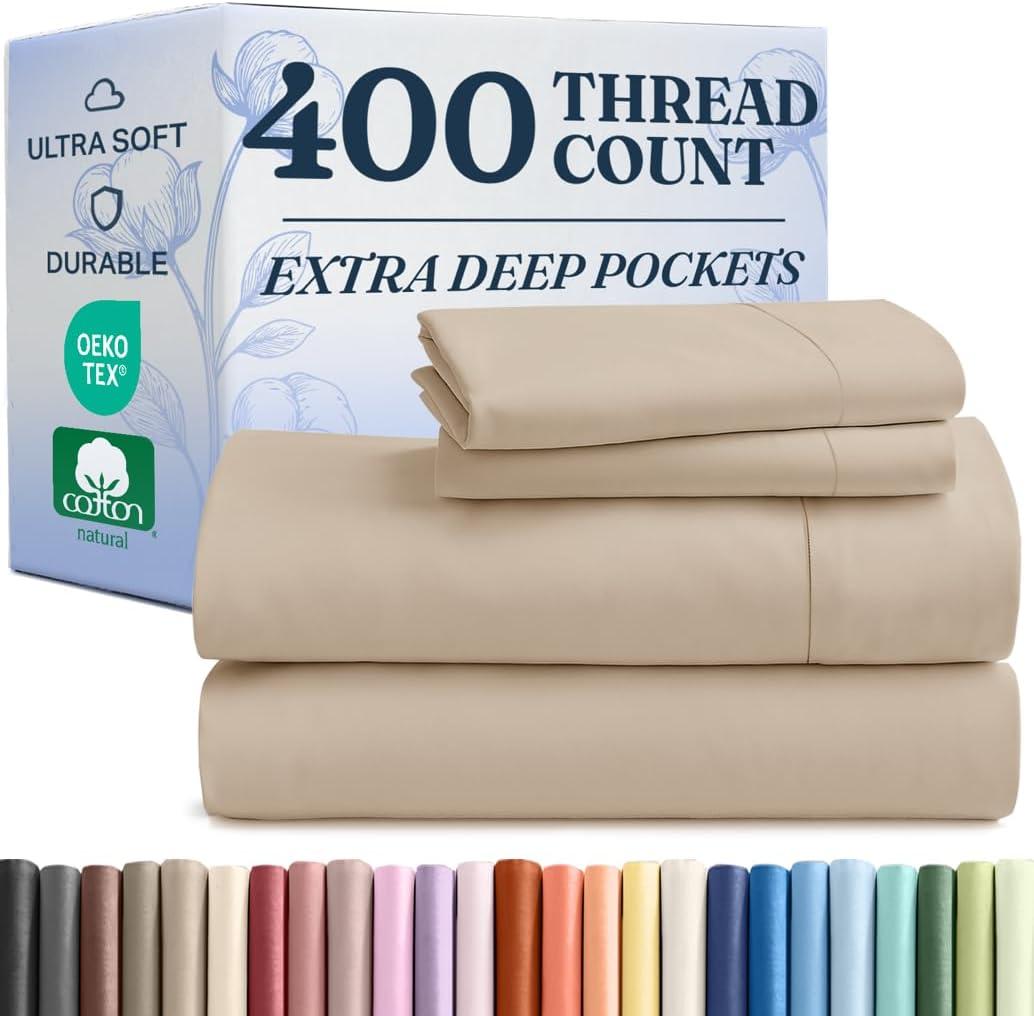 Extra Deep Pockets 400 Thread Count 100% Cotton 4 Piece King Size Bedding Sheet Set - Breathable & Cooling - Hotel Luxury Bed Sheets Set - Extra Soft, Wrinkle Free & Comfy Cream Bedding Sheets Set