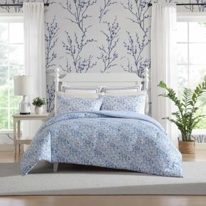 Laura Ashley - Twin Comforter Set, Soft Cotton Bedding with Matching Shams, Floral Home Decor, Oeko-Tex Certified (Quartet Blue, Twin)