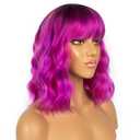 Colourful Short Bob Wigs with Bangs for Women Loose Wavy Wig Curly Wavy Shoulder Length Bob Synthetic Cosplay Wig for Girl Colorful Costume Wigs, Black-Rose mixed Purple
