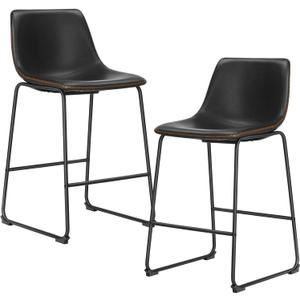 Sweetcrispy Counter Height Bar Stools Set of 2, 26 inch Height Stool Faux Leather Barstools with Back, Armless Kitchen Island Countertop Comfortable Modern Chairs with Metal Legs - Classic Black