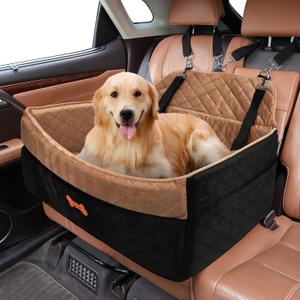 PetsHome Dog Car Seat for Medium Large Dogs, Detachable Washable Pet Booster Seat with Memory Foam Cushion, Side Pockets, 2 Clip-On Safety Leashes Pet Car Seat for Dog Up to 60 lbs/2 Small Dogs-Brown