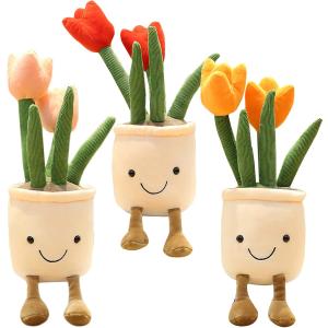 3pcs Tulip Plush Toy, Cute Tulip Plushies, Stuffed Potted Plants Plush Doll, Soft Plush Succulent Gifts for Kids Boys (Red+Orange+Pink)