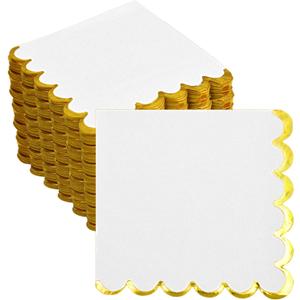 200 Pack White and Gold Paper Napkins Scalloped Cocktail Napkins White Disposable Beverage Napkins for Birthday Baby Shower Wedding Party Supplies Dinnerware Tableware Decorations