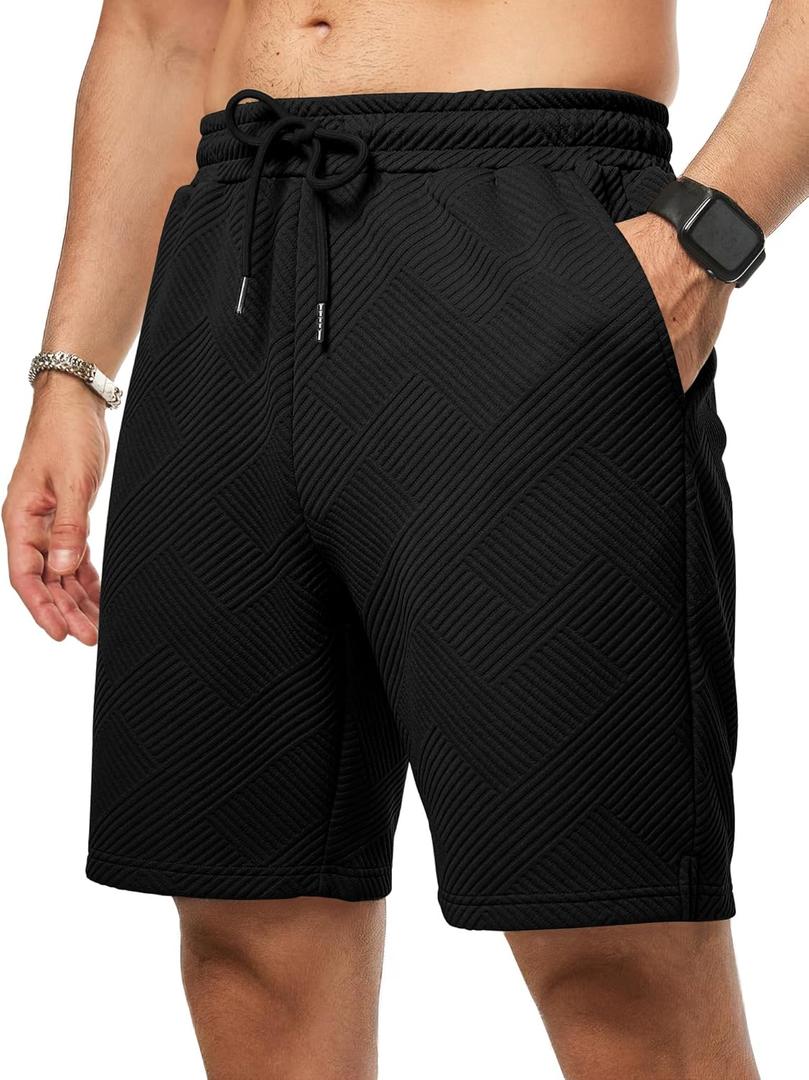 JMIERR Mens Casual 7" Shorts Summer Drawstring Elastic Waist Beach Sweat Shorts Texture with Pockets (Black), Large