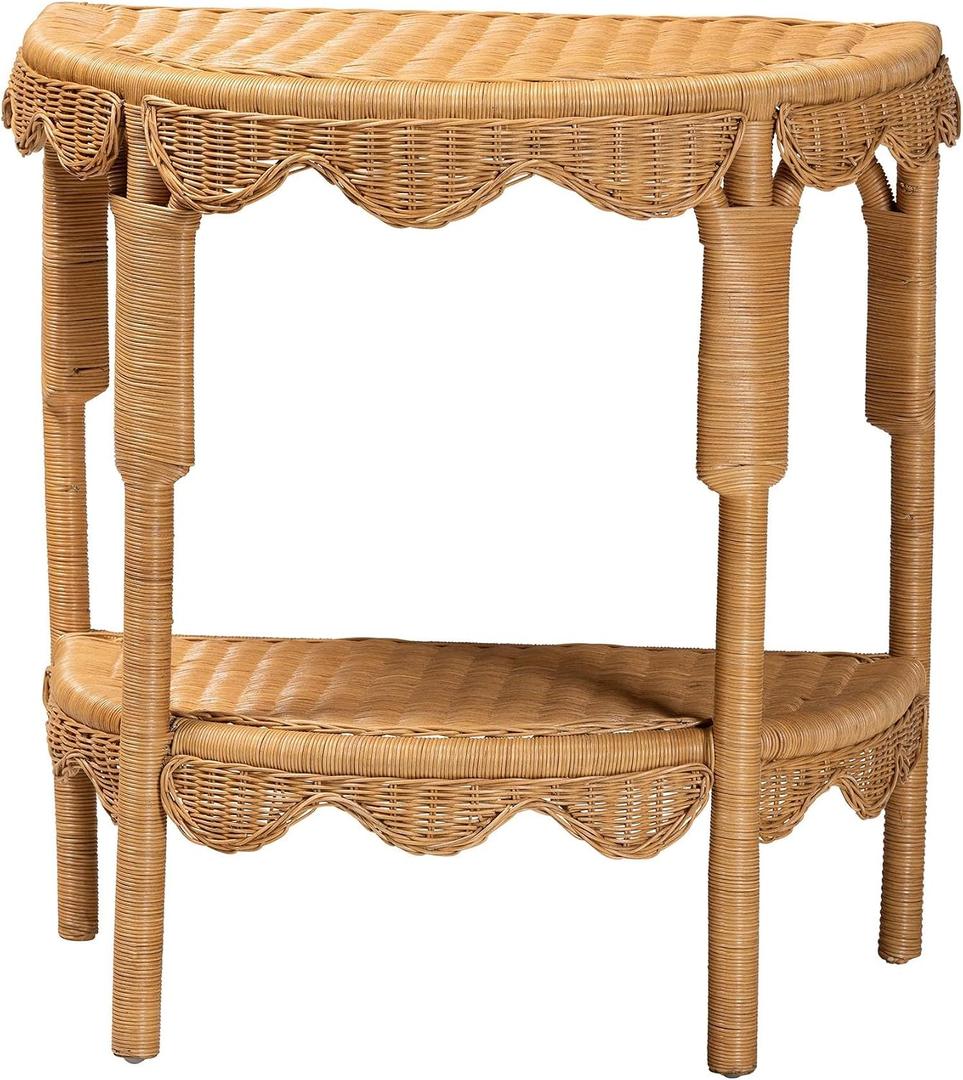 Bali & pari Paisley Bohemian Scallop Light Honey Rattan Console Table, 28.7 inches x 18.1 inches x 30.7 inches