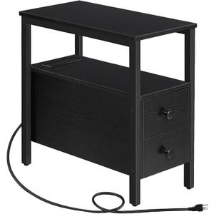 HOOBRO End Table with Charging Station, Narrow Side Table with 2 Drawer & USB Port & Power Outlets, Nightstand for Small Spaces, Stable and Sturdy, for Living Room, Bedroom, Black BK541BZ01
