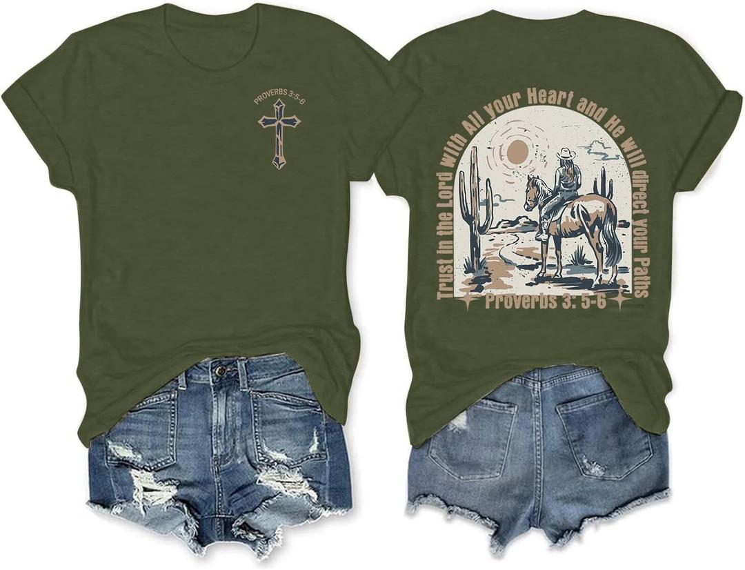 Western Shirts for Women Cowgirl Shirt Vintage Cowboy Country Graphic T Shirt Bible Verse Christian Inspirational Tops (Large, Army Green)