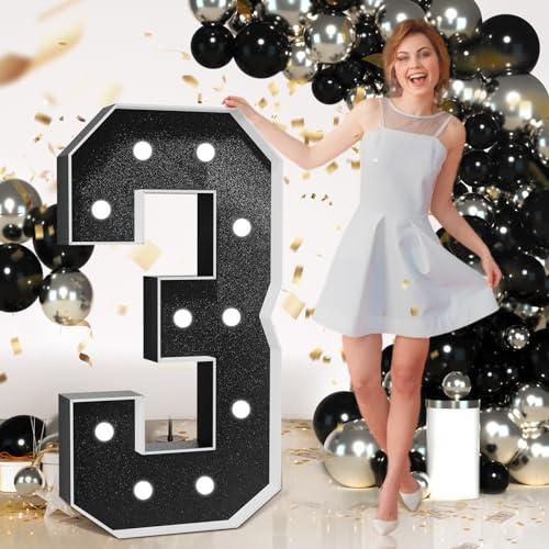 Marquee Numbers Black Birthday Decorations: Large 4 Feet Tall Light Up Numbers 3rd 30th Party Decor Big Mosaic Cardboard Number 3