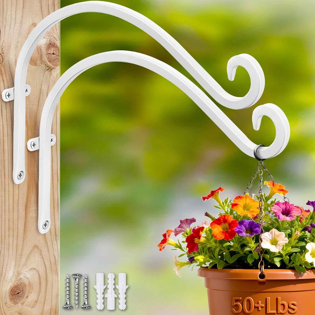 AJART White Plant Hanger Outdoor: 12-Inch Plant Hooks for Wall Indoor - Metal Plant Bracket Hook for Hanging Flower Baskets