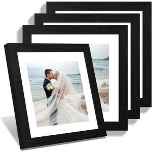 iRahmen 10x10 Picture Frame Set of 4 with HD Glass, Black Frames Display 8x8 Picture with Mat or 10 x 10 Without Mat, Wooden Photo Frames for Tabletop Display and Wall Mounting