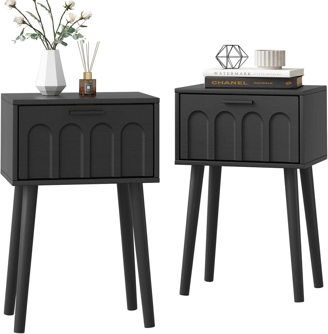 LAATOOREE Nightstand Set of 2, Small Bed Side Table with Arch Door, MidCentury End Table with Wood Legs for Bedroom, Small Space (Black)