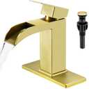 Faustina Brushed Gold Waterfall Bathroom Faucet 1 Hole Single Handle,Wide Open Spout Waterfall Bathroom Faucet with Pop Up Drain,Stainless Steel Utility Sink Faucet RV Bathroom Vanity Faucet Basin