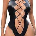 WDIRARA Women's PU Leather Halter Bodysuit Cut Out Lace Up Sleeveless Body Suit Sexy Clubwear Black Small