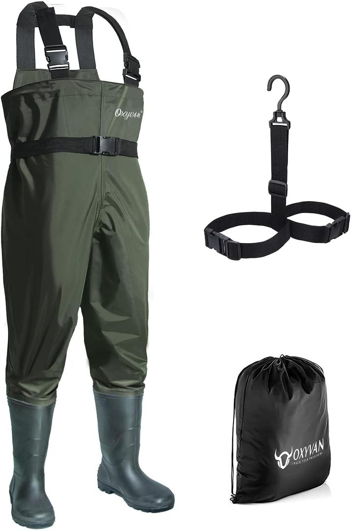 OXYVAN Chest Waders with Boots for Men & Women, Nylon/PVC Lightweight Fishing Wader with Boots Hanger (M9/W11, Army Green)