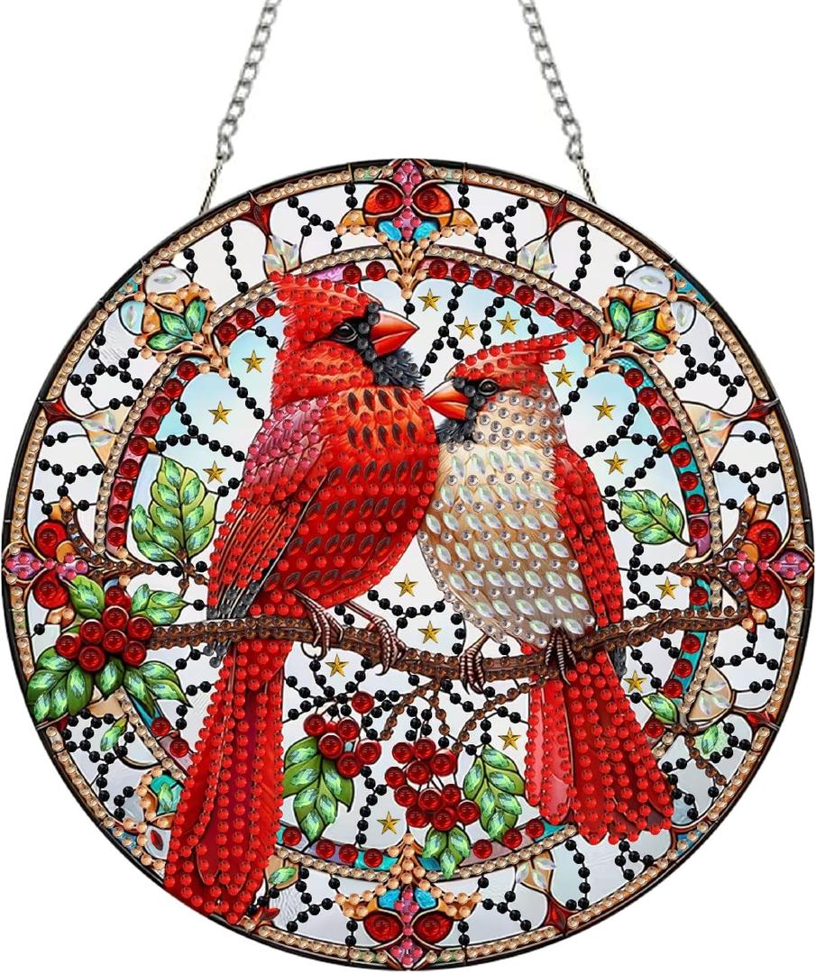 STGLCR Diamond Painting Cardinal Ornament 5D Bird Wreath DIY Diamond Art Animal Handmade Pendant Mosaic Making Kits by Number Kits Home Decoration Pendant Single Sided Spot Drill Double Sided Pattern