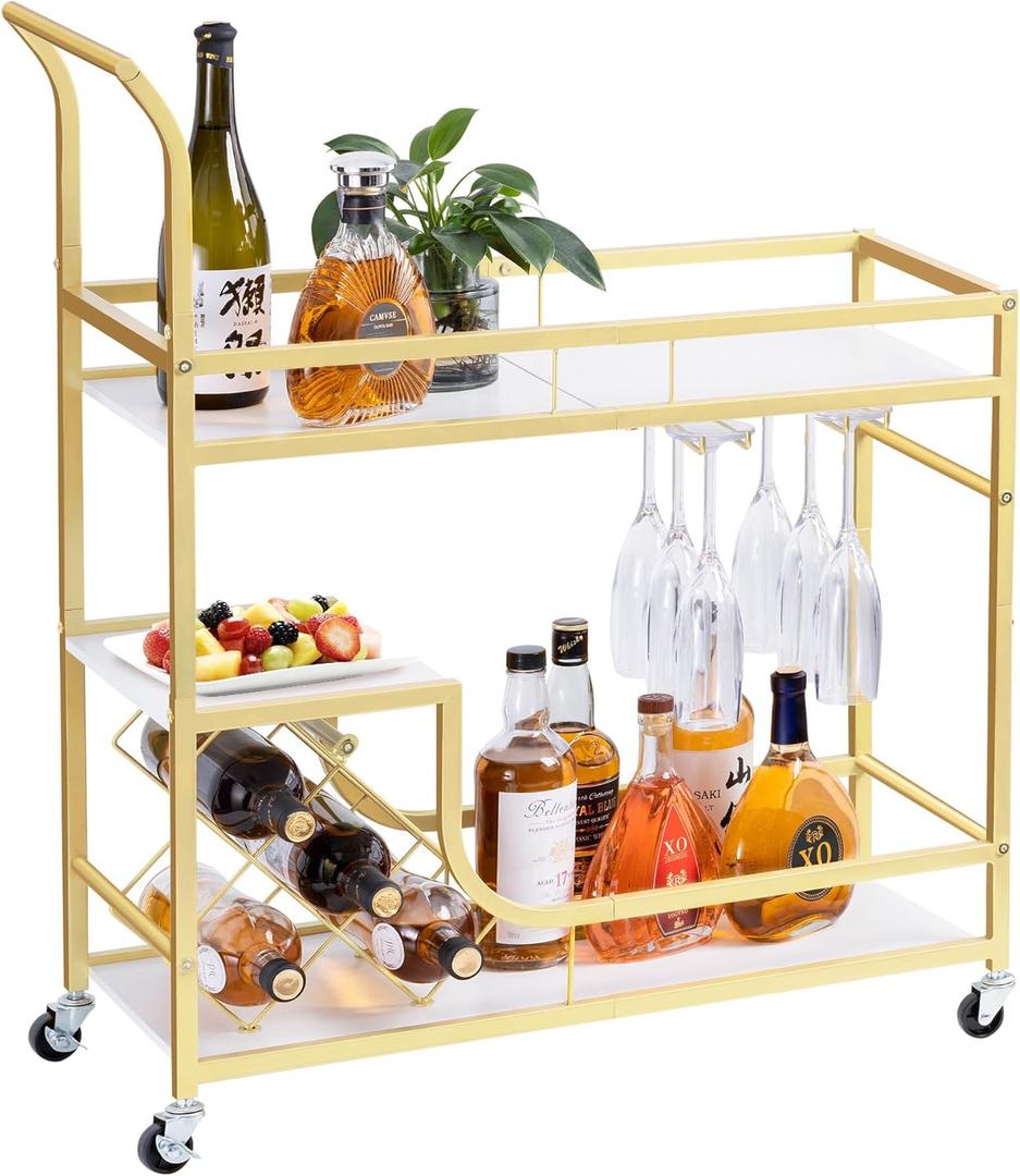 Gold Bar Cart with Wine Rack and Glass Holder, 2 Tier Bar Serving Carts with Wheels for The Home Kitchen Dining Room