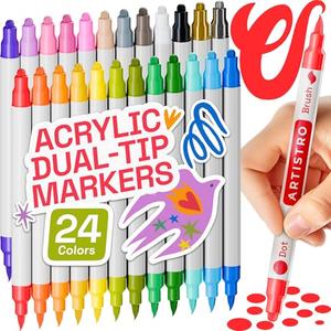 ARTISTRO 19 Acrylic Paint Markers for Fabric, Rocks, Paper, Wood, Canvas, Glass, DIY - Safe for Kids Dual Tip Acrylic Paint Pens (Dual Tip Dot + Brush , Pack Of 19)