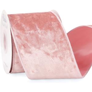 Ribbli Light Pink Velvet Wired Ribbon 4 Inch Crushed Velvet Christmas Ribbon for Gift Wrapping Christmas Tree Decoration Crafts Wreaths Supplies-Continuous 10 Yards